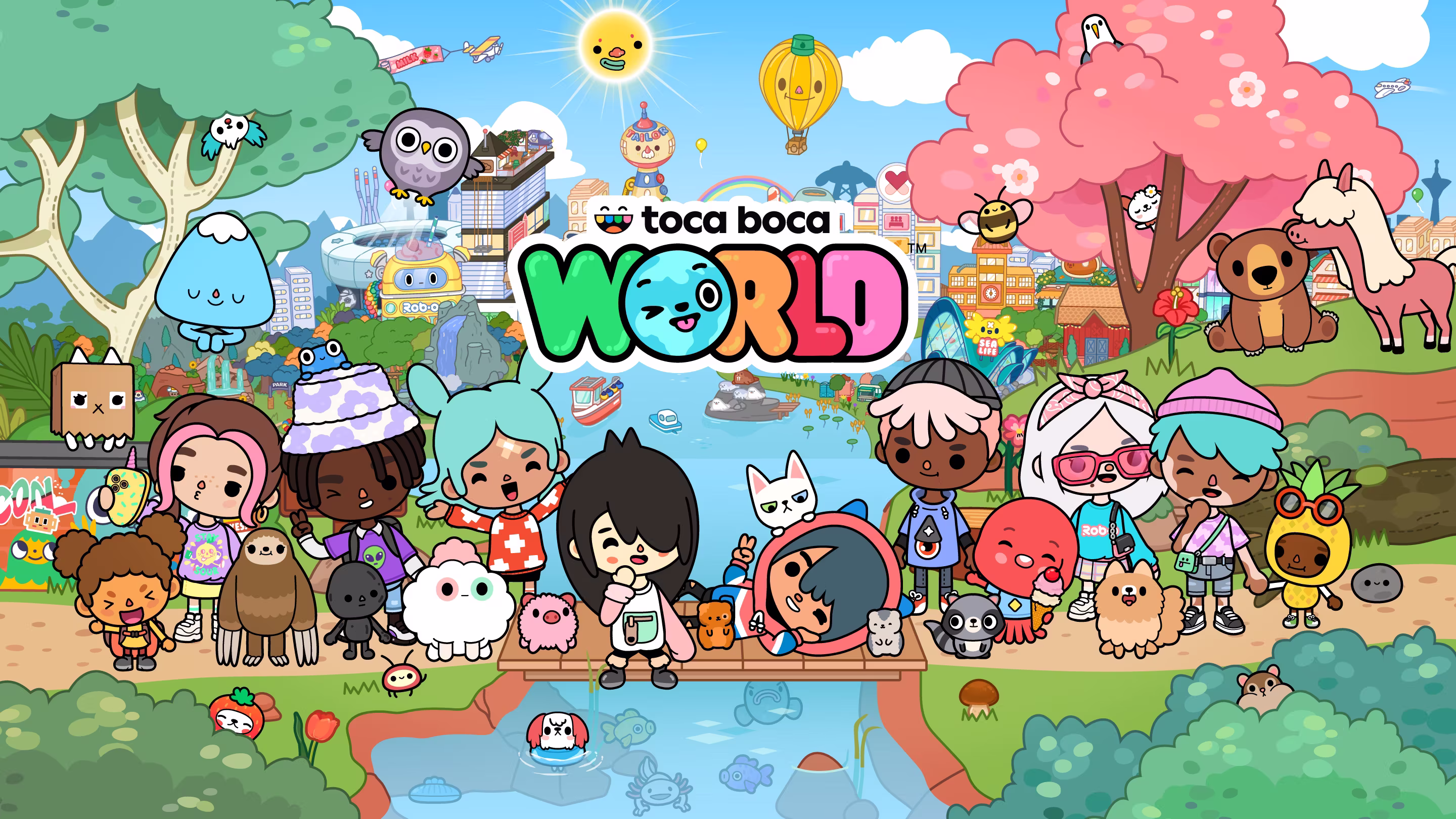 This is the key art for Toca Boca World. Many of the characters from the game are standing standing on a bridge over a calm river which is flowing down from Bop City. We see many crumpets and fantasy characters hiding in various locations and some animals on the banks of the river. The logo for Toca Boca World can be seen in the top middle third of the image.